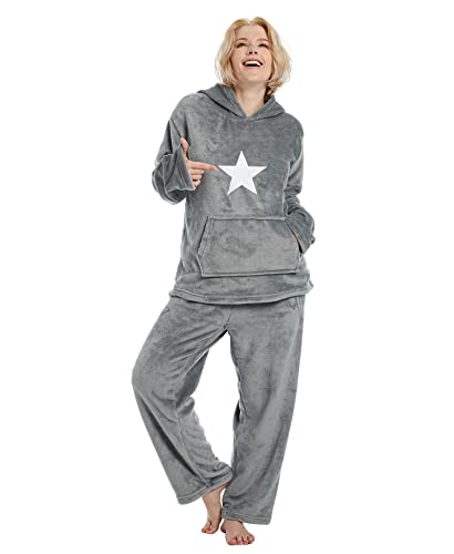 Style Slice Womens Pyjamas Set Fluffy Fleece Pyjamas Warm Hooded PJs for Women Sets Size 8/10/12/14/16/18/20/22 Dark Grey