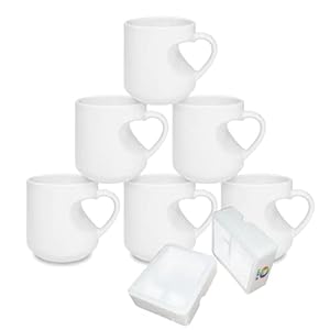MR.R Set van 6 sublimatieblanks van kwaliteitsklasse A, vaatwasmachinebestendig, witte keramische koffiemokken, 375 ml, lege keramische drinkbeker met hartvormige greep voor melk, thee, cola, water