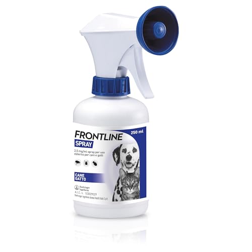 FRONTLINE Spray 250 ml, Antiparassitario per Cani e Gatti e Cuccioli dal Secondo Giorno di Vita, a Lunga Durata, Elimina e Protegge da Zecche, Pulci e Pidocchi