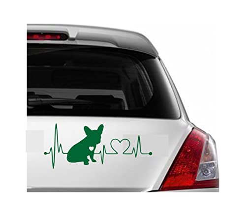 Image of decalbazaar Vinyl French Bulldog Heartbeat Glossy Car Glass Door Sticker 7 x 3 Inches Green