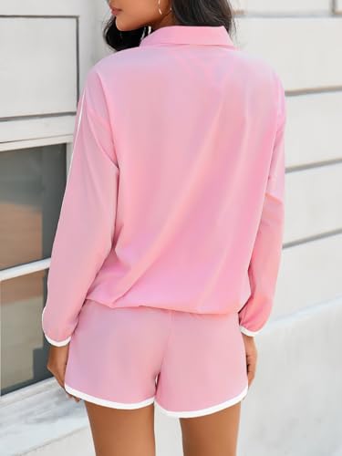 Fisoew Womens 2 Piece Outfits Sets Half Zip V Neck Long Sleeve Pullover Tops Shorts Casual Tennis Running Tracksuits — view 4