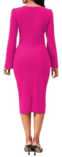 Image of Dresses for Women Elegant Long Sleeves Ruffles Pencil Knee Length Split Business Dress with Belt Zipper
