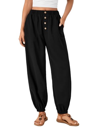 LYANER Women's Casual Elastic High Waist Buttons Decoration Baggy Loose Wide Leg Ankle Pants Black X-Large2