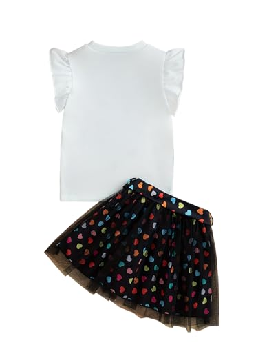 Image of Little Girl's Skirt Outfits Two Piece Cool Print Short Sleeve T Shirt and Mesh Polka Dot Skirt Set
