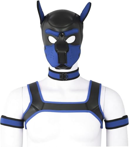 Aendu Adults Neoprene Puppy Hood Custom Animal Head Mask Novelty Costume Dog Hood Mask,Collar,Armband and Harness Set (Blue)
