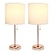 Simple Designs LC2001-RGD-2PK Rose Gold Stick Table Lamp Set with Charging Outlet and White Fabric Shades, 2 Pack Set