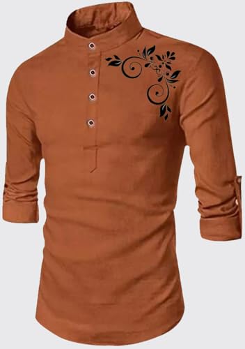 Image of DEEMOON Men's Full Sleeve Short Kurta Shirt with a Trendy Mandarin Collar Crafted from a Premium Cotton Blend for Comfort Ideal for Casual and Semi-Formal Occasions
