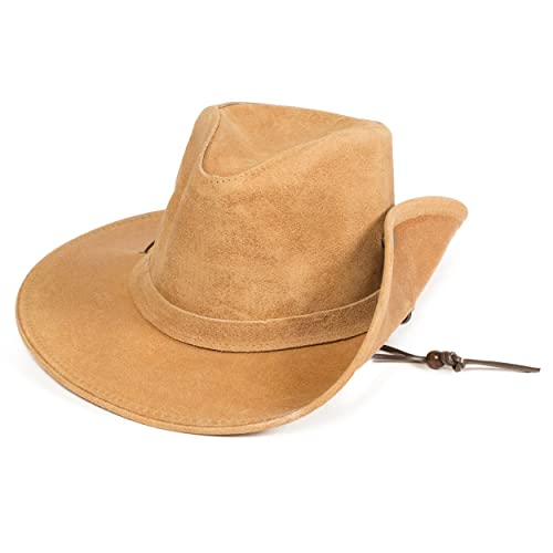 Minnetonka Women’s Aussie Hat - Waterproof Hat Designed With Distressed Ruff Leather, Adjustable Chin Strap, Hidden Steel Wire In The Brim, And Side Snap Medium Tan #TOP16