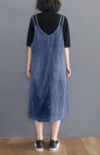 Image of ebossy Women's Sleeveless V Neck Denim Overall Jumper Dress Casual Loose Double Spaghetti Straps Midi Jean Dress