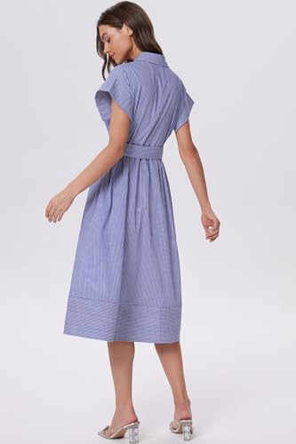 Image of Ladyful Women Casual Button Down Shirt Dress Short Wing Sleeve Buiness Midi Shirt Dress with Belt Elegant Dress