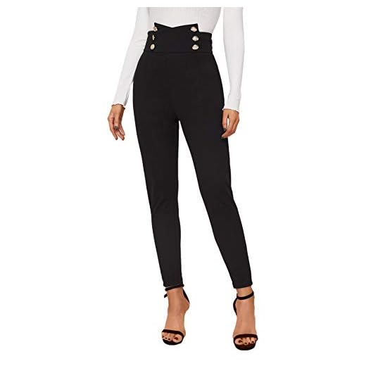 SweatyRocks Women's Casual Skinny Leggings Stretchy High Waisted Work Pants High Waisted Button Black Medium
