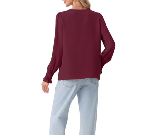 Lepunuo Blouses for Women Dressy Casual Long Length Sleeve Womens Tops with Smocked Cuffs A - Wine Red - image 3