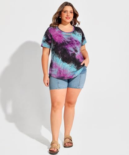 Image of CARCOS Plus Size Tops for Women Short Sleeve Shirts Basic Tee Solid Color Blouse V Neck Tunic Loose Fit Tshirts Summer XL-5XL