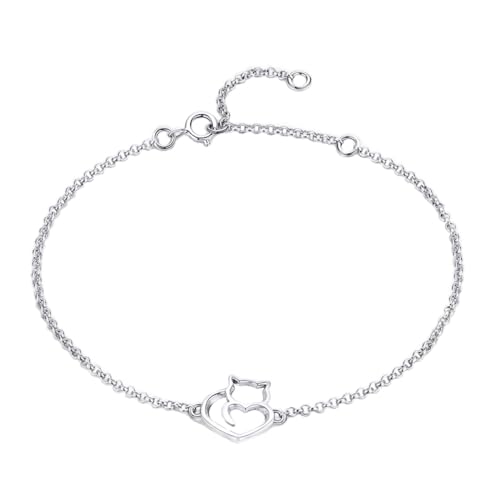 925 Sterling Silver Chain Bracelet with Cat Love Heart Charm Adjustable Plated Gold Bracelets with Chain Length 6.5in-7.9in, Best Jewelry Gift for Girls Women Cat Lovers