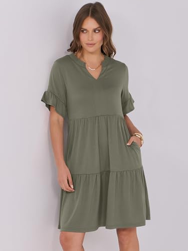 Image of ANRABESS Women's Summer Casual Dress, V-Neck Ruffle Sleeve Tiered Mini Dress, Soft Comfy Fabric with Pockets for All-Day Wear