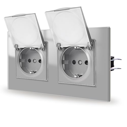 JIMEIDA Doppelsteckdose Unterputz Grau 16Amp Glas Steckdosen mit Wasserdichtem Deckel 157 * 86mm,250V
