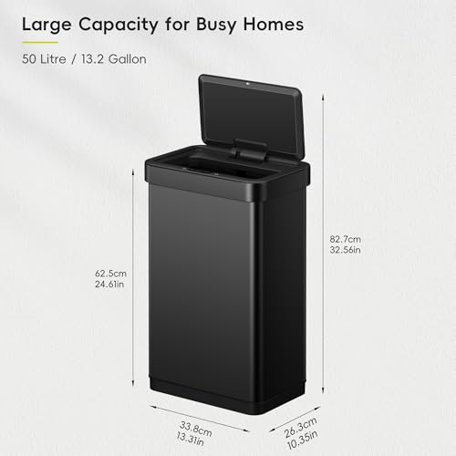 Image of EKO EcoNova 13.2 Gallon / 50L Automatic Sensor Kitchen Trash Can or Recycling Bin, Stainless Steel Touchless Garbage Bin with Soft-Close & Stay-Open Lid, Fingerprint-Resistant, Matte Black