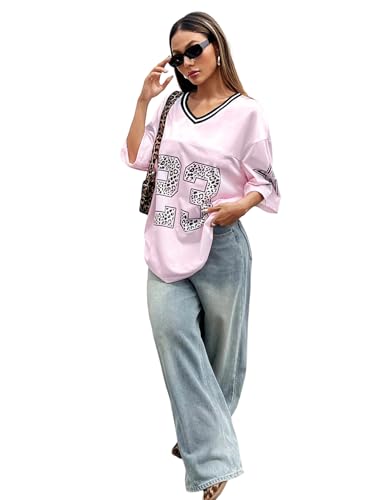 SOLY HUX Jersey Shirts for Women Y2k Graphic Number Oversized Tees V Neck Half Sleeve Cute Soccer Streetwear T Shirt Tops