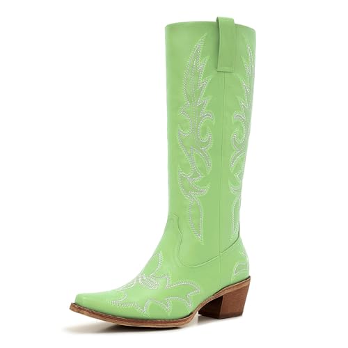 Image of Uillnoodu Women's Turquoise Cowgirl Boots - Wide Calf Mid Calf Western Boots Plus Size Embroidered Cowboy Style with Block Heel