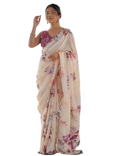 Image of Panzora Women's Chinon Printed Saree With Unstitched Blouse Piece