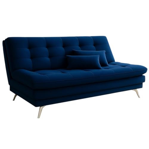 Image of FURNY Legle 3 Seater Fabric Sofa Cum Bed with 2 Cushions (Dark Blue) with Velvet Fabric | Durable with Comfort | Perfect for Living Room, Bedrooms, Offices