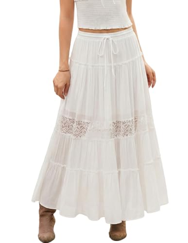 Women's Boho Maxi Skirts Flowy Lace Tiered Long Renaissance Skirt with Pockets White L