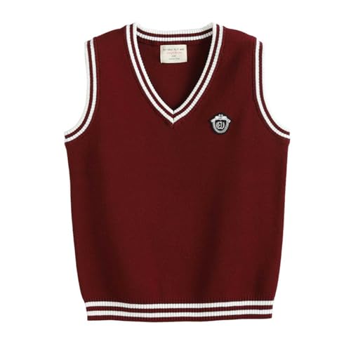 Zzalalana Kids V-Neck Sweater Vest Boys Girls School Uniform Sleeveless Winter Knitted Sweaters Pullover Tank Tops Wine