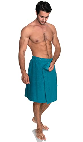 Image of TowelSelections Mens Shower Wrap Adjustable Cotton Terry Bath Gym Cover Up with Snaps Small /Large Algiers Blue