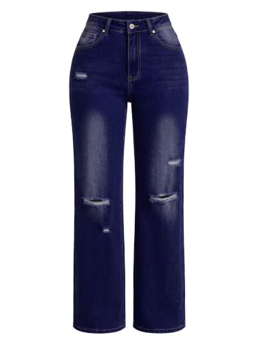 Tall Women's Wide Leg Ripped Jeans 36 Inseam High Rise, Dark Blue, 8