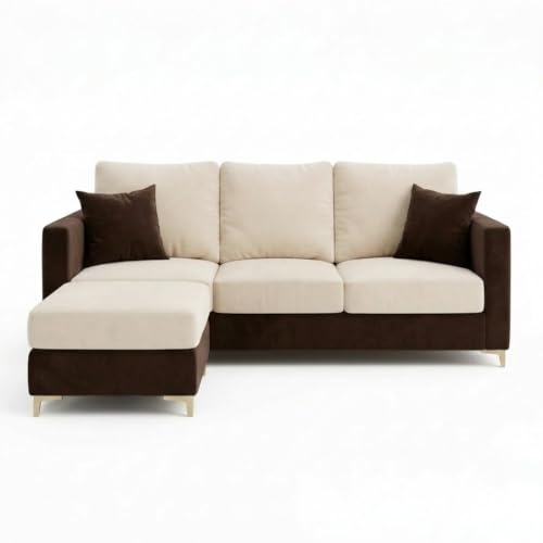 Image of Hayes Rich 4 Seater L Shape Sofa Set with Movable Ottomans | Flexible Layout | Velvet Suede Fabric | Golden Aesthetic Legs | Dual Tone Modern Sofa for Living Room (Dark Blue-Cream)