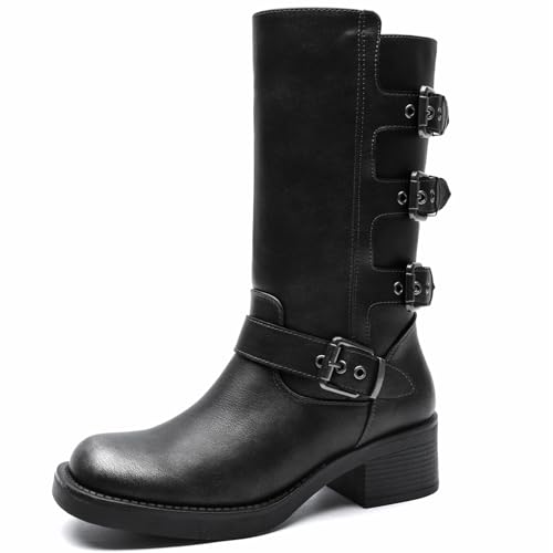 Image of GLOBALWIN Chunky Mid Calf Fashion Dressy Motocycle Biker Military Style Combat Boots for Women Low Heel