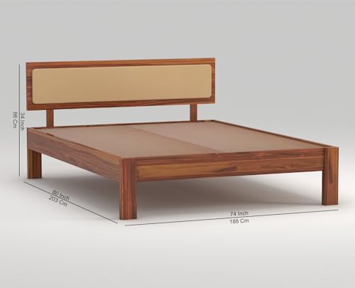 Image of SUNCOM Wooden King Size Bed for Bedroom | Wooden Double Bed | Platform Cot Bed with Upholstered Cushioned Headboard | 6.5 x 6 Ft | Sheesham Solid Wood, Honey Finish