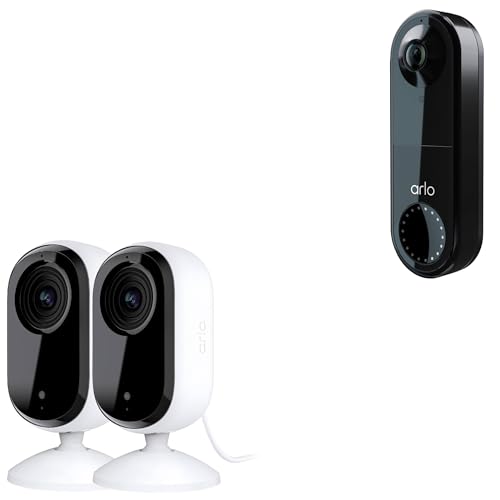 Arlo Essential Starter Kit with Wired Doorbell and Indoor Security Cameras (2nd Gen) 1080p HD 2-Way Audio Night Vision Baby & Pet Monitor (Renewed) (2 Cameras Black)