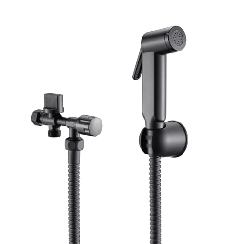 Rousseau - Kit Hygiène WC pour Réservoir WC Apparent - Douchette WC - Flexible Inox 120 cm - Robinet d’Arrêt WC 2 Voies (Noir)