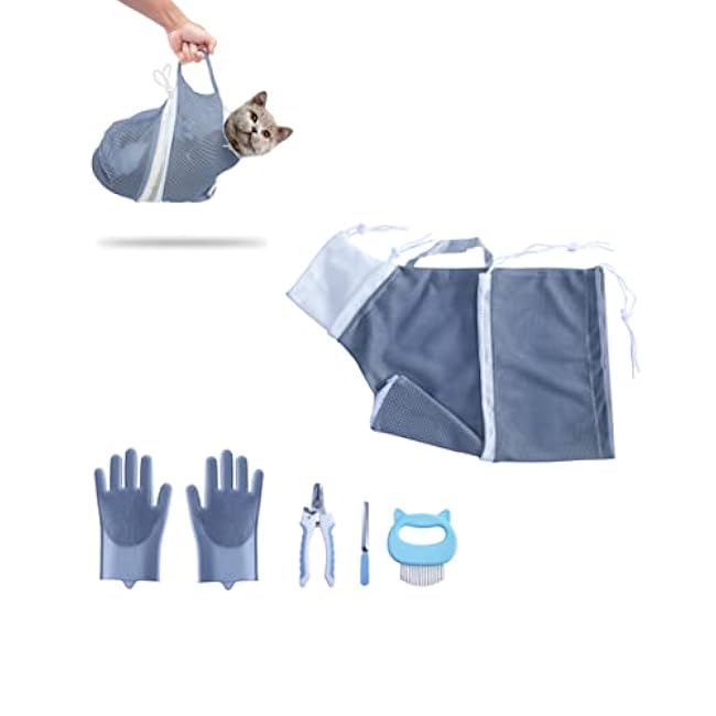 KlerRoem Cat Bathing Bag, Adjustable Anti-bite and Anti-Scratch Shower Mesh Grooming Bag for Pet Dogs, Includes Pet Nail Clipper, Nail File, Grooming Glove, and Cat Shell Comb-Qc0cjsLu