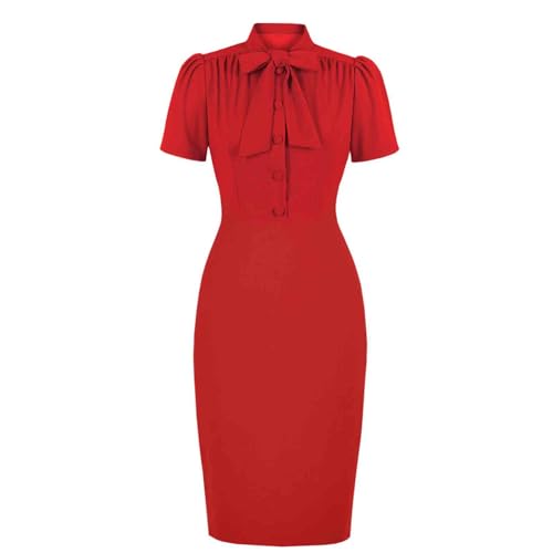 Womens 50s 60s Vintage Pencil Dress Bodycon Tie Neck Ruched Short Sleeve Office Work Dress 1950s Party Cocktail Dress