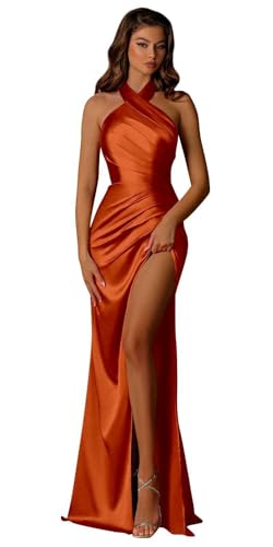 GUKARLEED Women‘s Ruched Prom Dresses with Split Long Satin Bridesmaid Dress Halter Formal Evening Dress for Wedding Guest