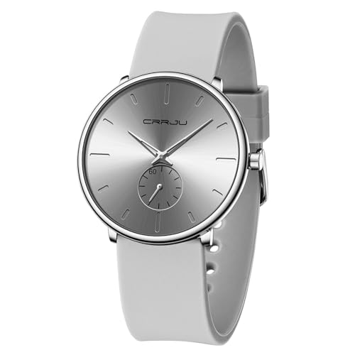 CRRJU Men’s Casual Stylish Waterproof Quartz Wristwatches, Ultra Thin Second Hand Watches for Men, Colorful Silicone Band grey