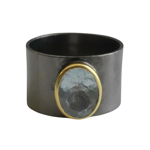 Bague aigue-marine en argent et or taille 6.5 bijou artisanal