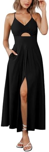 BTFBM Women 2025 Summer Spaghetti Strap Midi Dress Sleeveless V Neck Cutout Slit Casual Beach Party Maxi Dresses Pockets