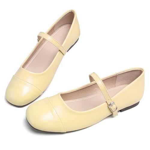 Hee grand Women's Soft Leather Mary Janes Shoes Retro Dress Shoes Comfort Round Toe Ballet Flats Casual Portable Shoes