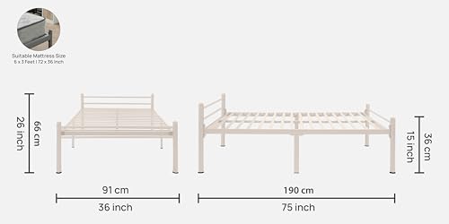 Image of Nivo Metal Extra Single Size Bed Without Storage | Wrought Iron Single Bed with Headboard & Footboard| Sturdy Powder Coated Platform Cot for Bedroom (Nivo Ivory)