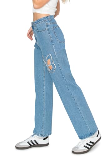 KHAKI & BLUE Women's High Waisted Relaxed Fit Full Length Straight Leg Jeans with Butterfly Patch2