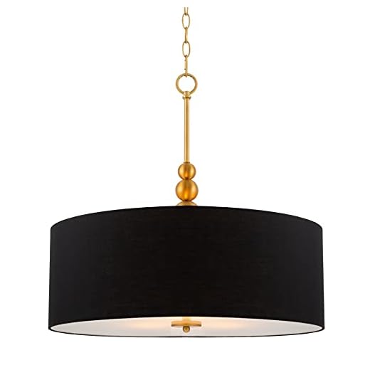 Kira Home Adelade 22" Modern 3-Light Drum Pendant Chandelier, Black Fabric Shade, Tempered Glass Diffuser, Adjustable Height, Warm Brass Finish