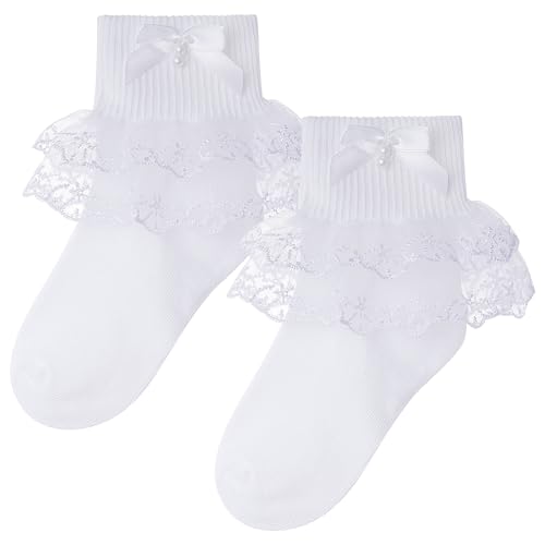 2 Pairs Girls Dress Socks White Toddler Girls Ruffle Socks with Cute Faux Pearl for Dress Daily Wear2
