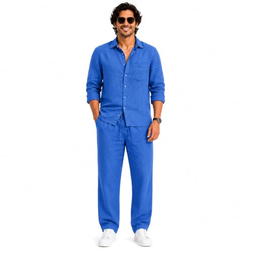 Image of Men's Premium Linen Co-Ord Set | Regular Fit Full Sleeve Solid Shirt with Drawstring Trouser | Breathable Linen Casual Outfit for Summer, Travel, Beach, Vacation & Daily
