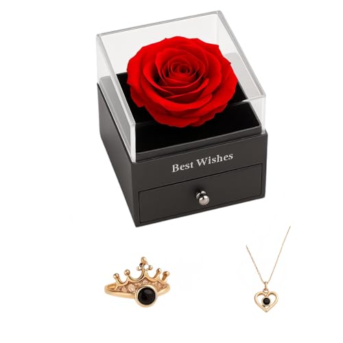 Kit Presente com Rosa Eterna Natural + Colar Coração “Eu Te Amo” 100 Idiomas + Anel Ajustável + Caixa Premium e Cartão | Presente para Datas Especiais (KIT DOURADO)