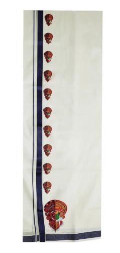 Image of Mens Print along with Border 100% Cotton Cream Dhoti 4.00 Meters Double Mundu /Vesti
