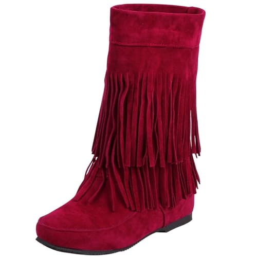 DINTAHA Flat Boots With Fringe For Women,Mid Calf Boots For Women Low Heel,Suede Ankle Boots