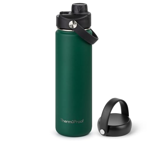 Image of ThermoProof Double-Walled Vacuum Insulated Stainless Steel Water Bottle - Wide Mouth with Chug & Spout Lids, Dishwasher Safe, Reusable, Leakproof, Hot & Cold for Men, Women - 22oz, Forest Green